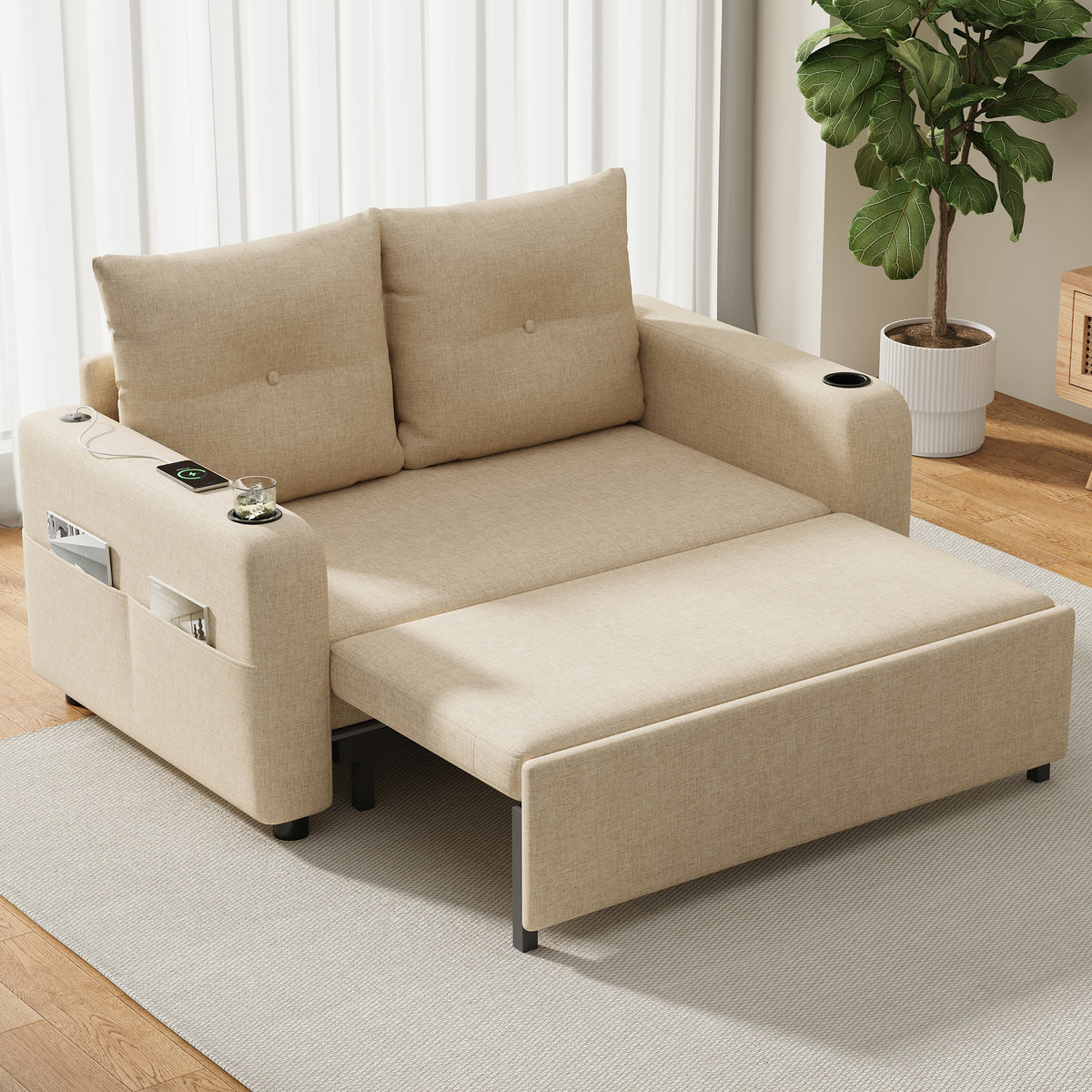 3-in-1 Sleeper Sofa with Pull-Out Bed, Cup Holder, USB Port and Side Pockets, Beige Cotton Linen
