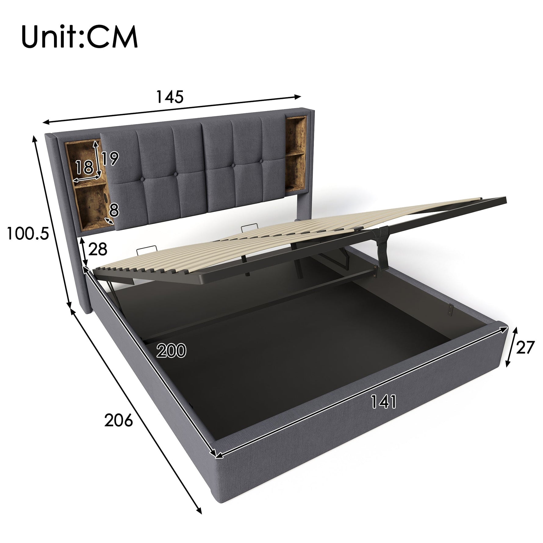 Double Bed with Wireless Charging, Storage, 140x200cm, Grey Cotton