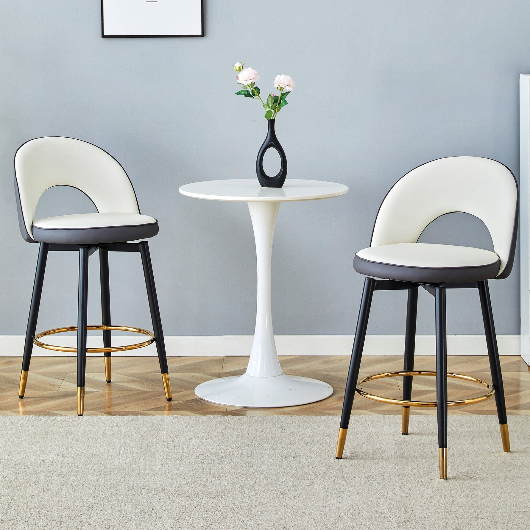 360° Swivel Bar Stool Set of 2 with Padded Seat and Open Back, Dark Grey and White PU Leather