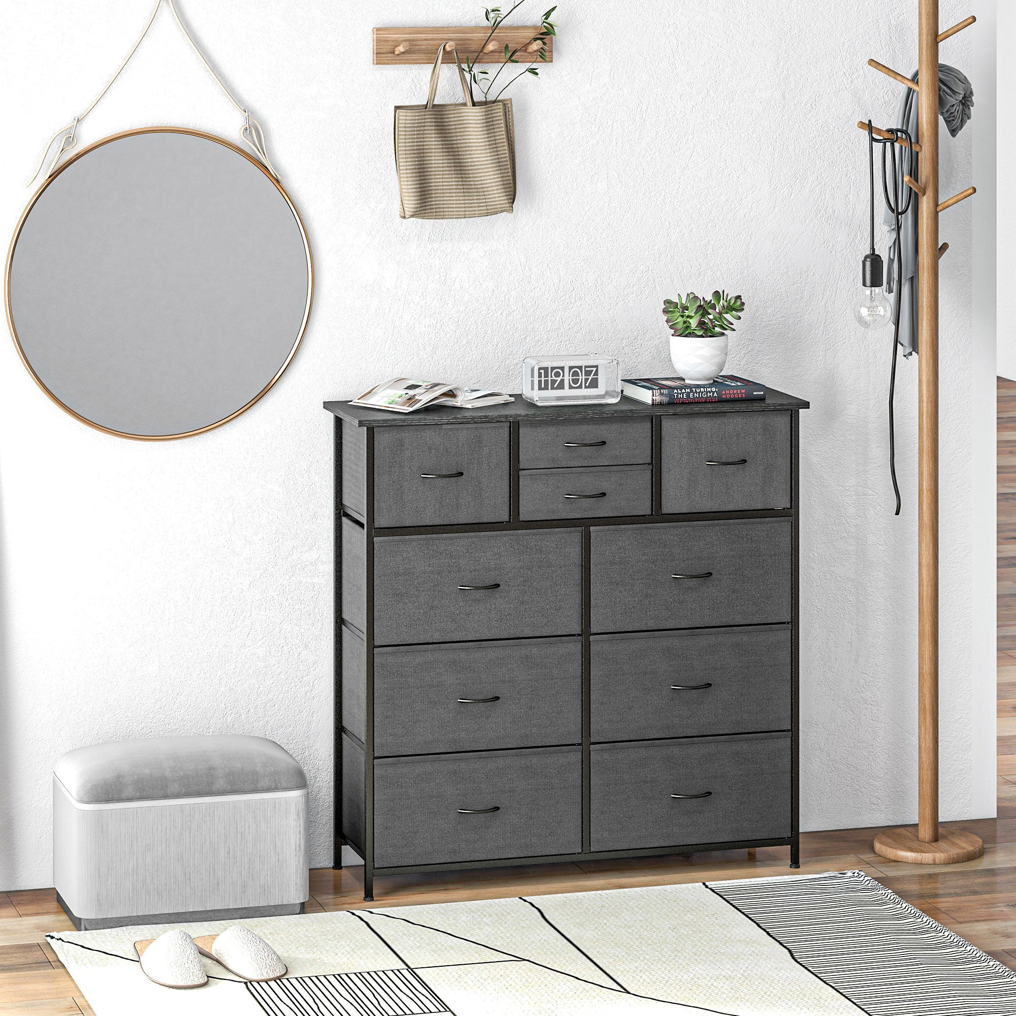 Chest of Drawers/Sideboard, 10 Foldable Fabric Drawers, Steel Black