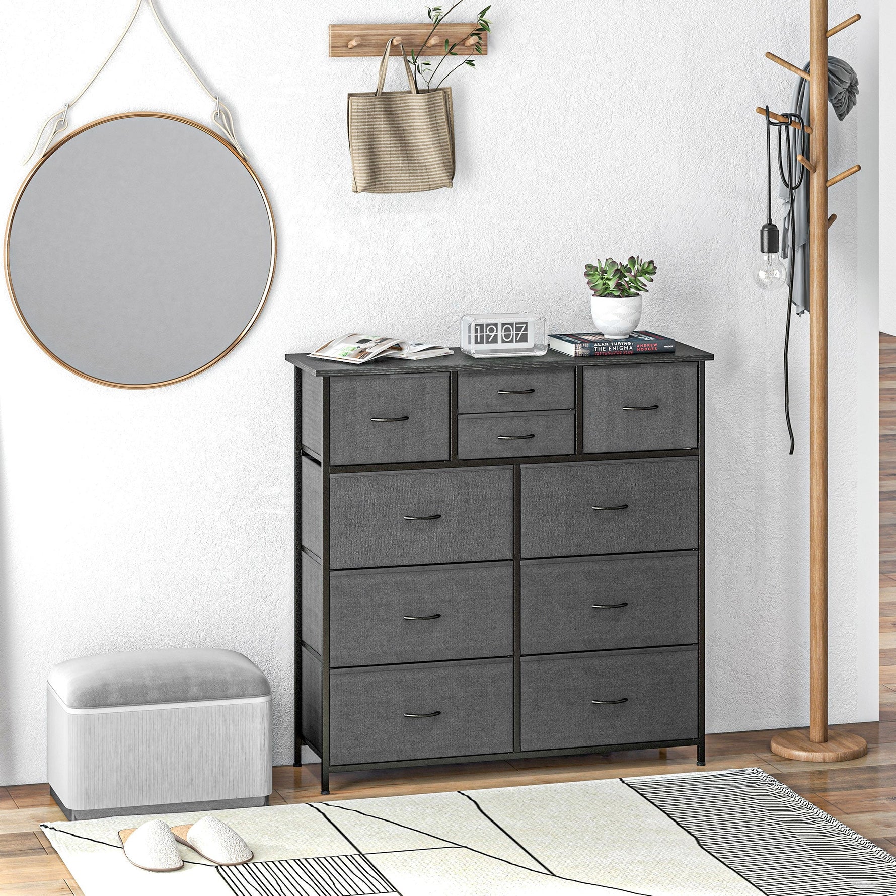 Chest of Drawers/Sideboard, 10 Foldable Fabric Drawers, Steel Black