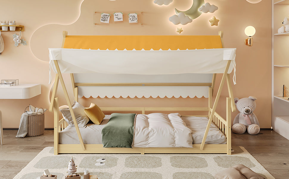 Wooden Bed, Children's Single with Removable Tent & Safety Railing, Pine + Plywood, Natural