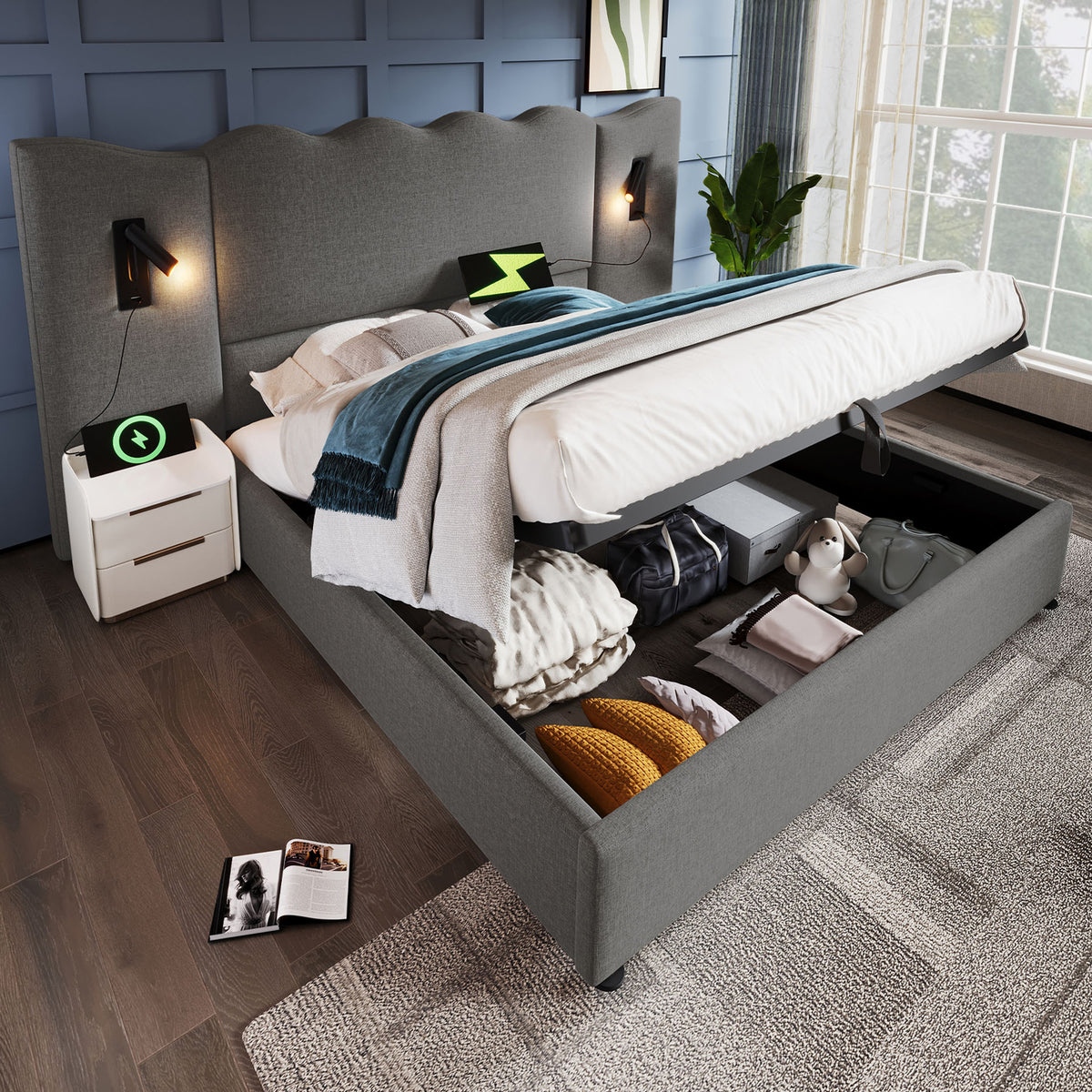 Upholstered Double Bed 180x200 with Storage, Lamp & USB, Grey Linen