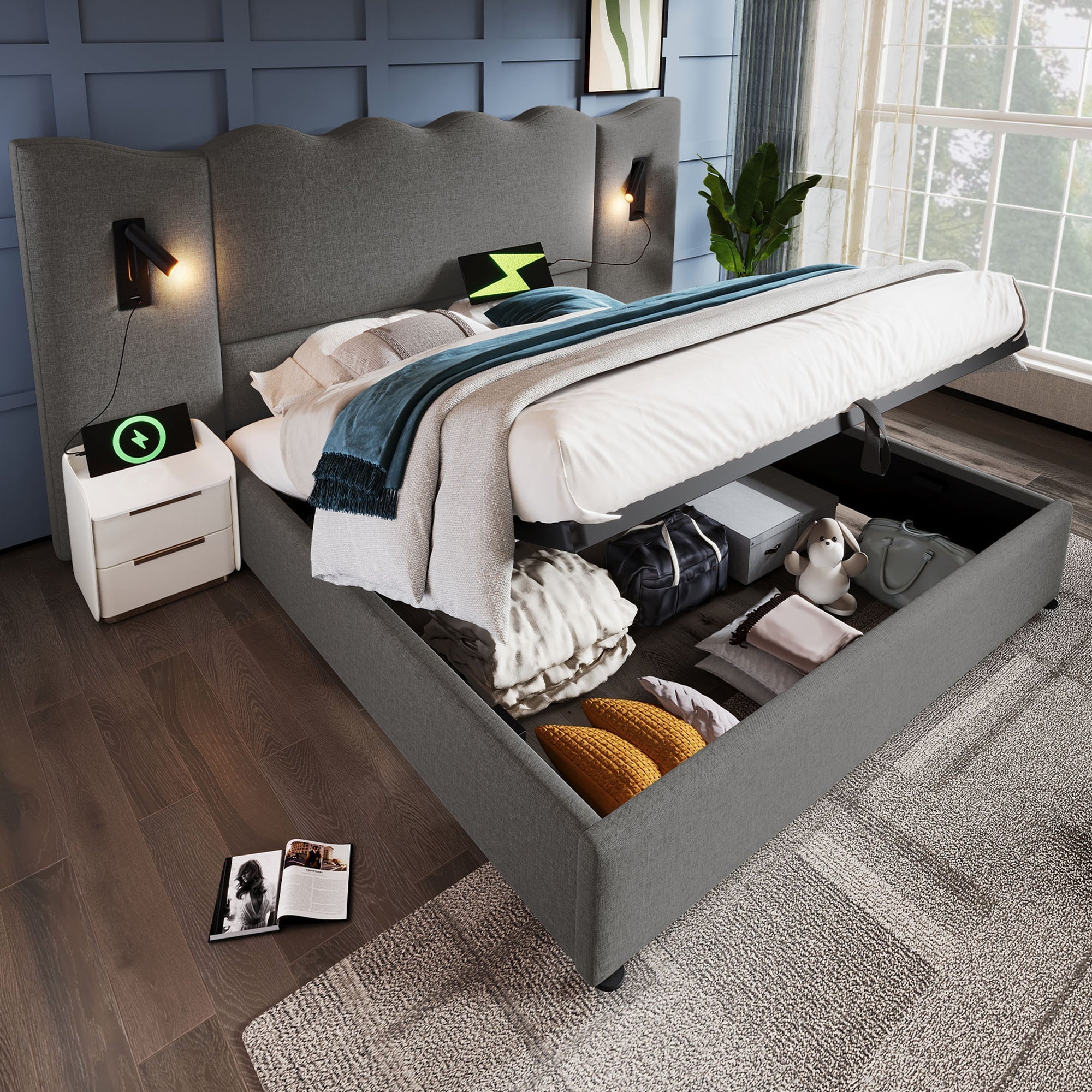 Upholstered Double Bed, 160×200, Reading Lamp, USB Type-C, Storage, Solid Wood & Metal, Grey Linen