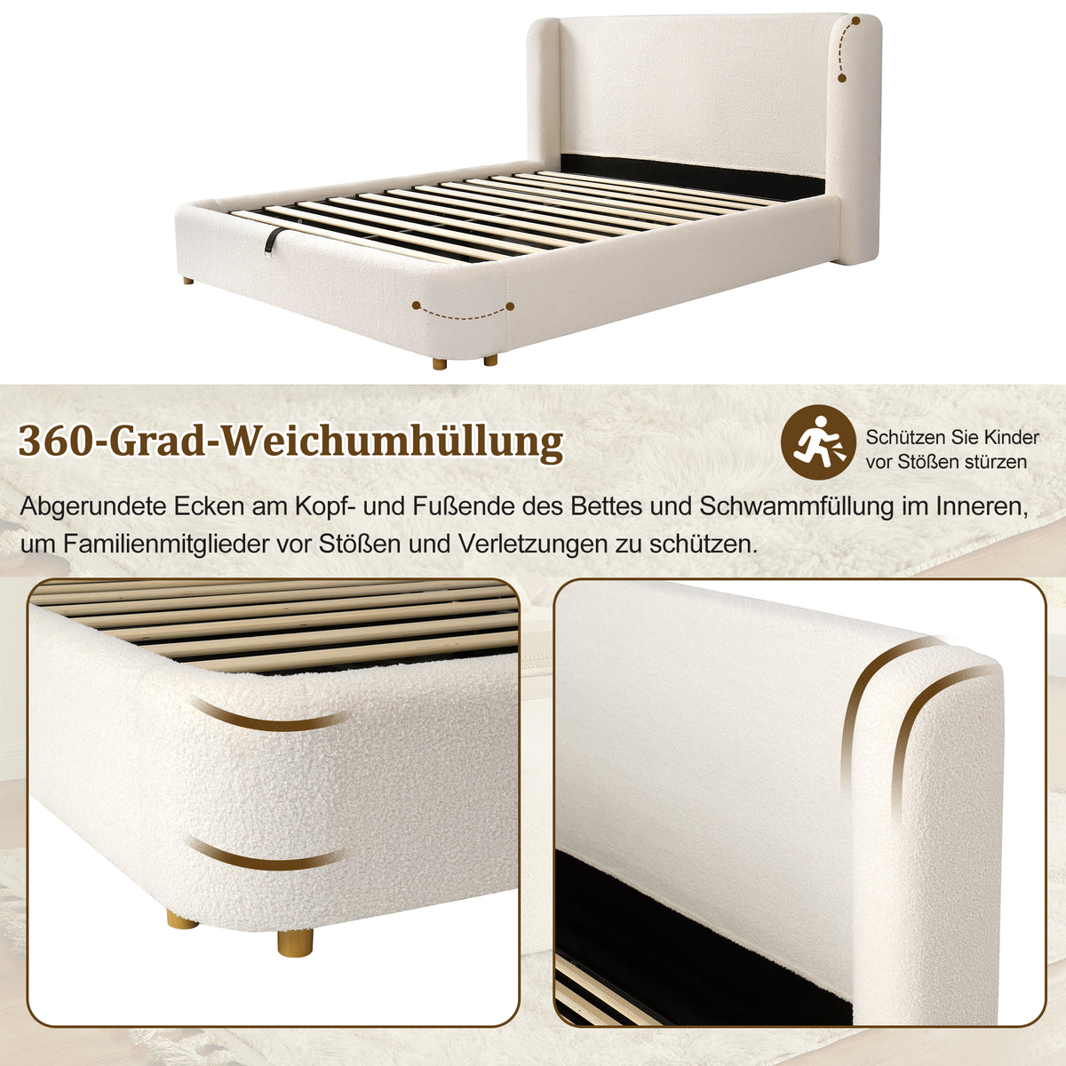 Upholstered Double Bed with Hydraulic Storage 140x200cm, Beige Bouclé