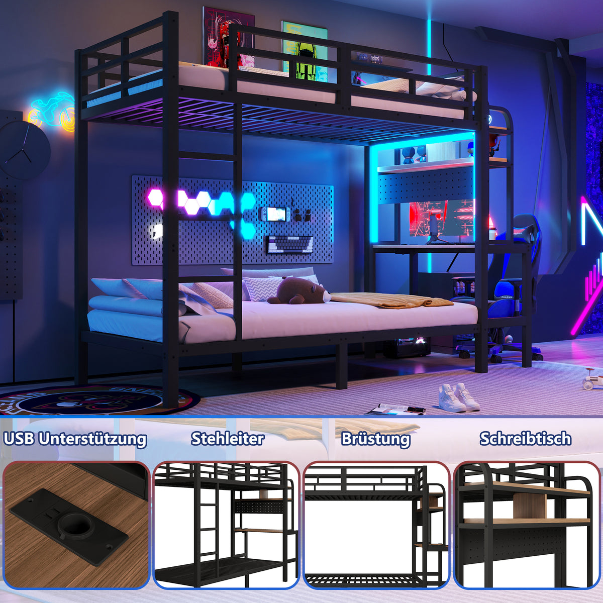 Bunk Bed 90x200 cm with Desk, Storage & LED Light, Black Iron Frame
