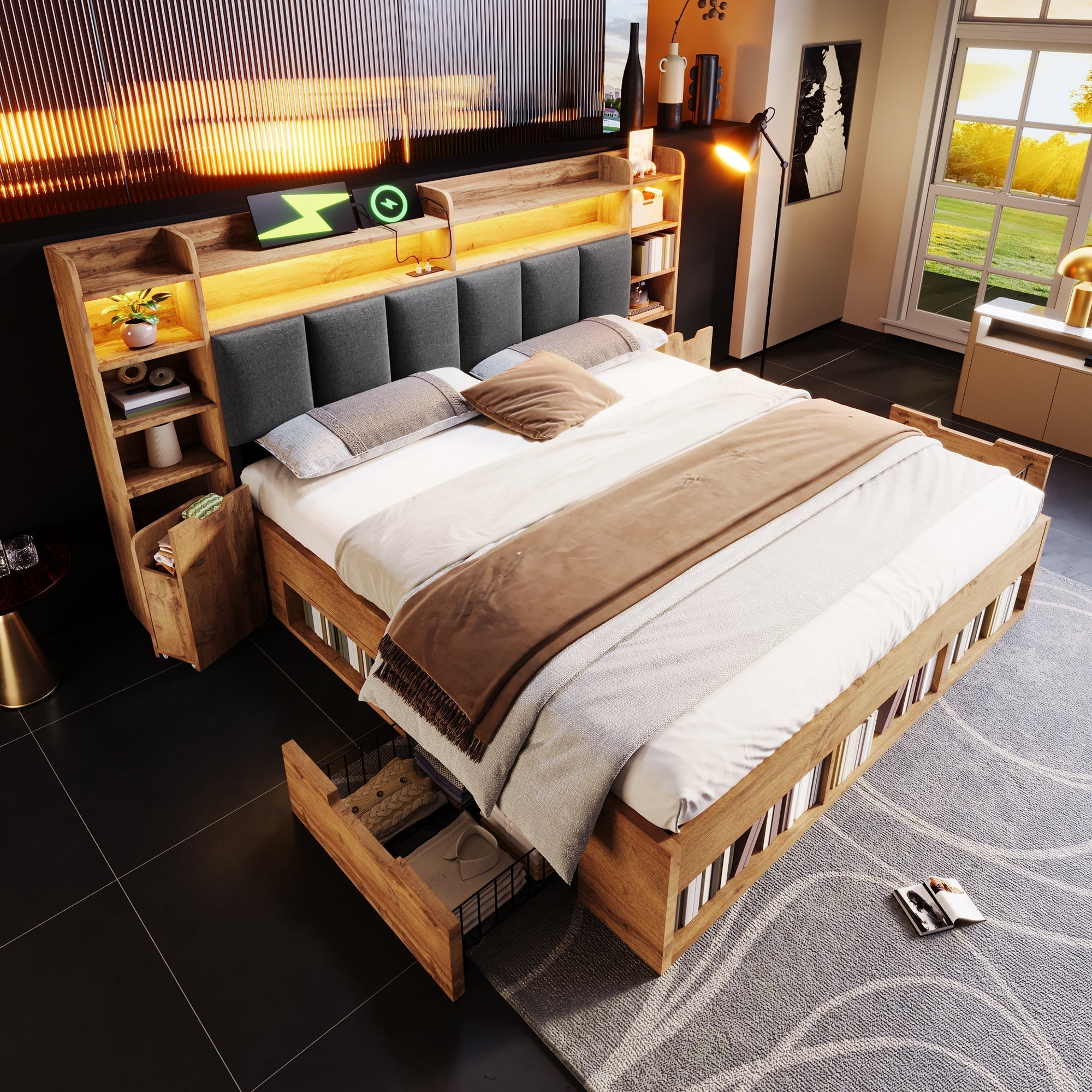 Double Bed System Bed with LED Headboard, Bedside Tables, USB Ports and Storage, 180x200cm, Oak Finish