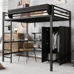 Iron Loft Bed with Desk, Storage and Wardrobe, Black Iron and MDF, 140x200cm