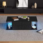 Coffee Table, Living Room Sofa Table with LED, High-Gloss, Tempered Glass, 2 Cabinets, Black Chipboard