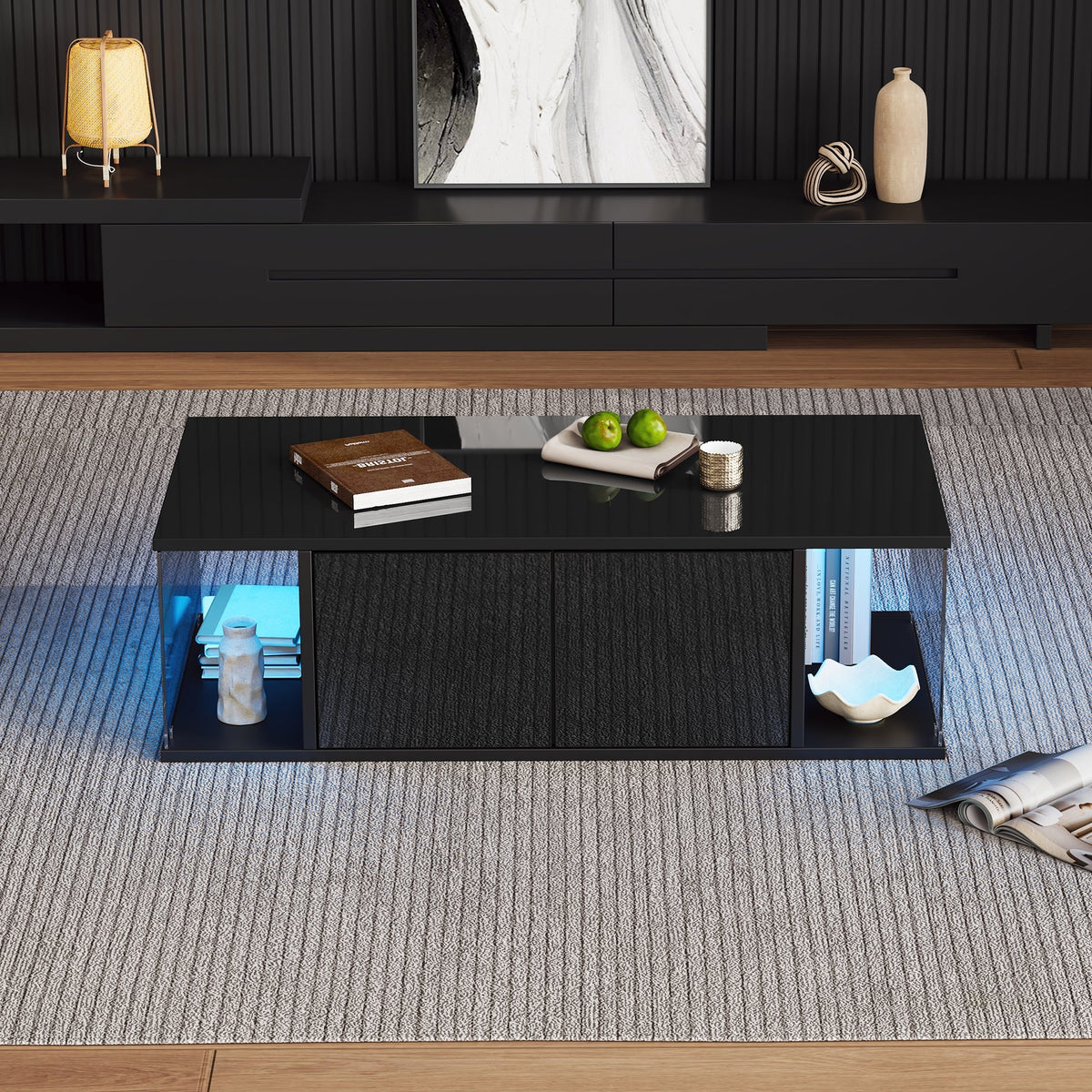 Coffee Table, Living Room Sofa Table with LED, High-Gloss, Tempered Glass, 2 Cabinets, Black Chipboard