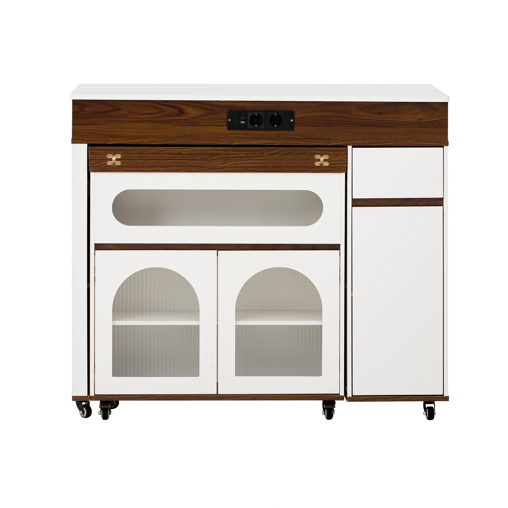 Kitchen Island Mobile Extendable Table Power Strips Ribbed Glass Storage - White/Walnut