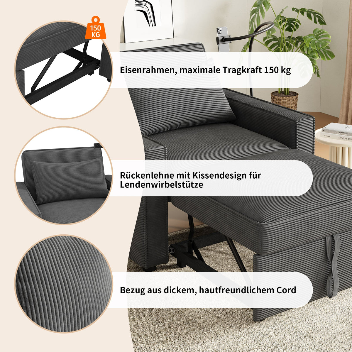 Foldable Sofa Bed, 1-Seater Recliner with USB & Phone Holder, Corduroy Grey