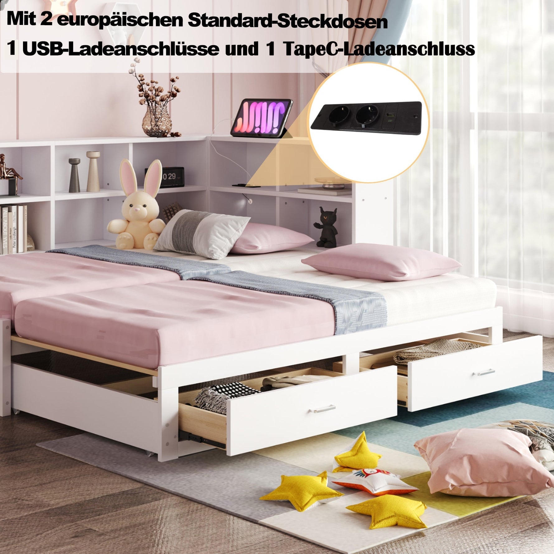 Solid Wood Sofa Bed 90/180*190cm Pull-Out Storage Drawers, White