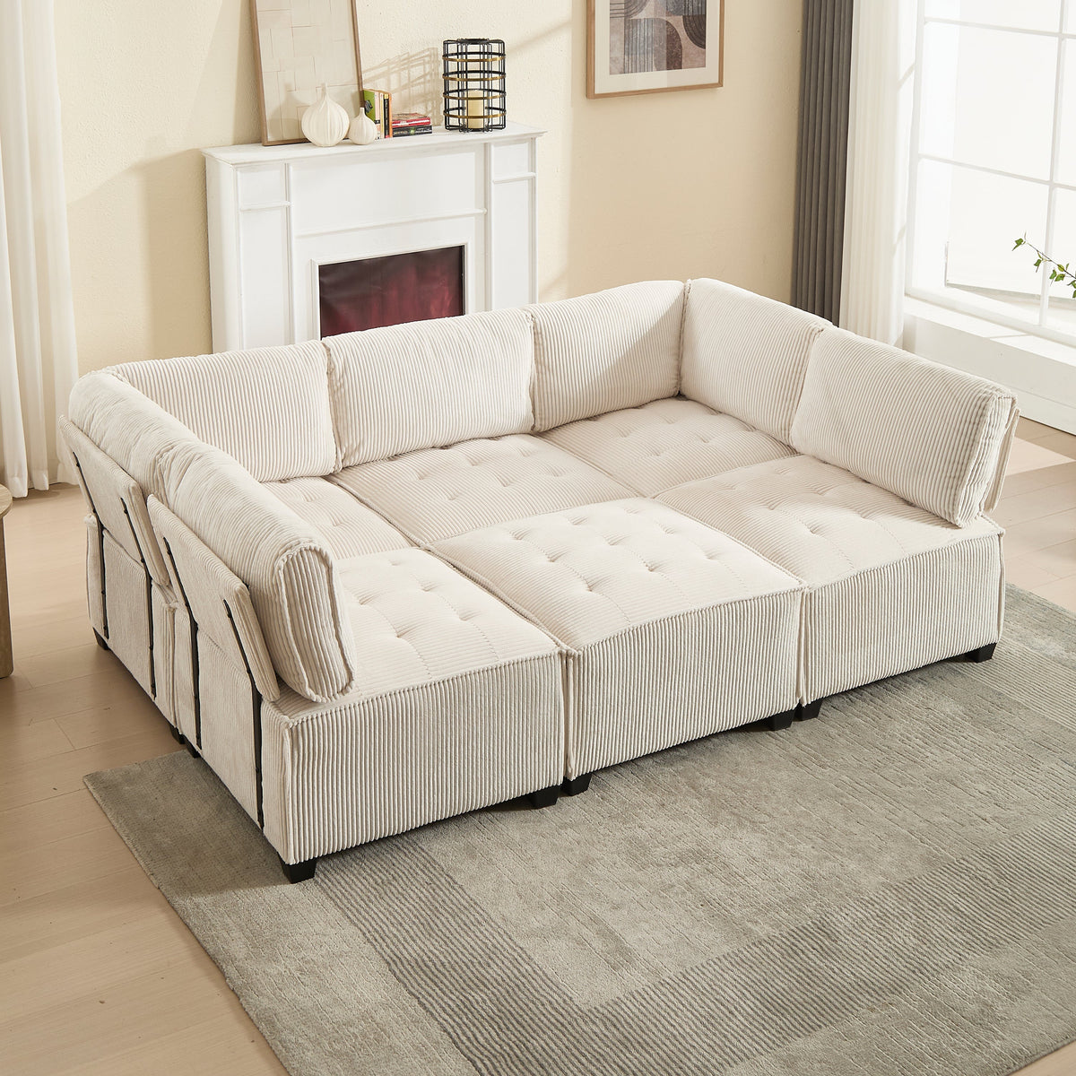 Modular 6-Seater Sofa 308cm Ergonomic Storage Pockets Corduroy, Beige