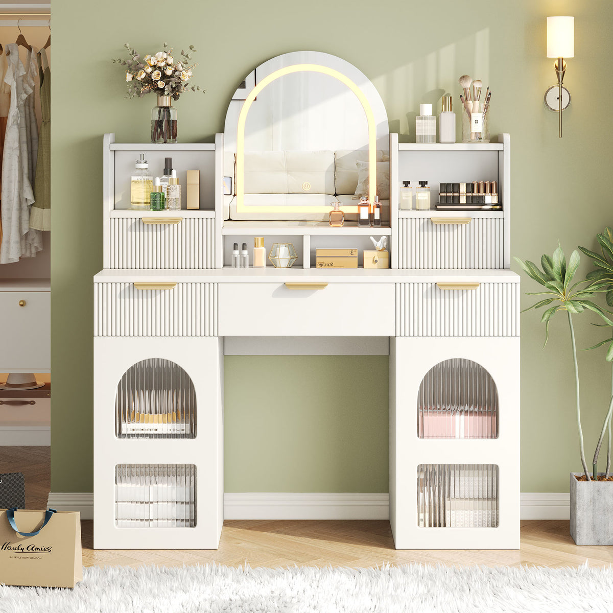 Large Dressing Table with LED Mirror, 3 Drawers & Shelves, White