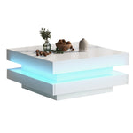 Modern Square Coffee Table with Rotating Top and LED Light, High-Gloss White