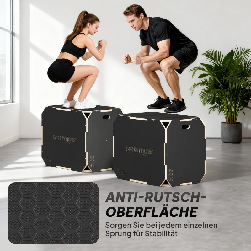 3-in-1 Plyo Box with Handle Openings and 3 Jump Heights, Wood, Black