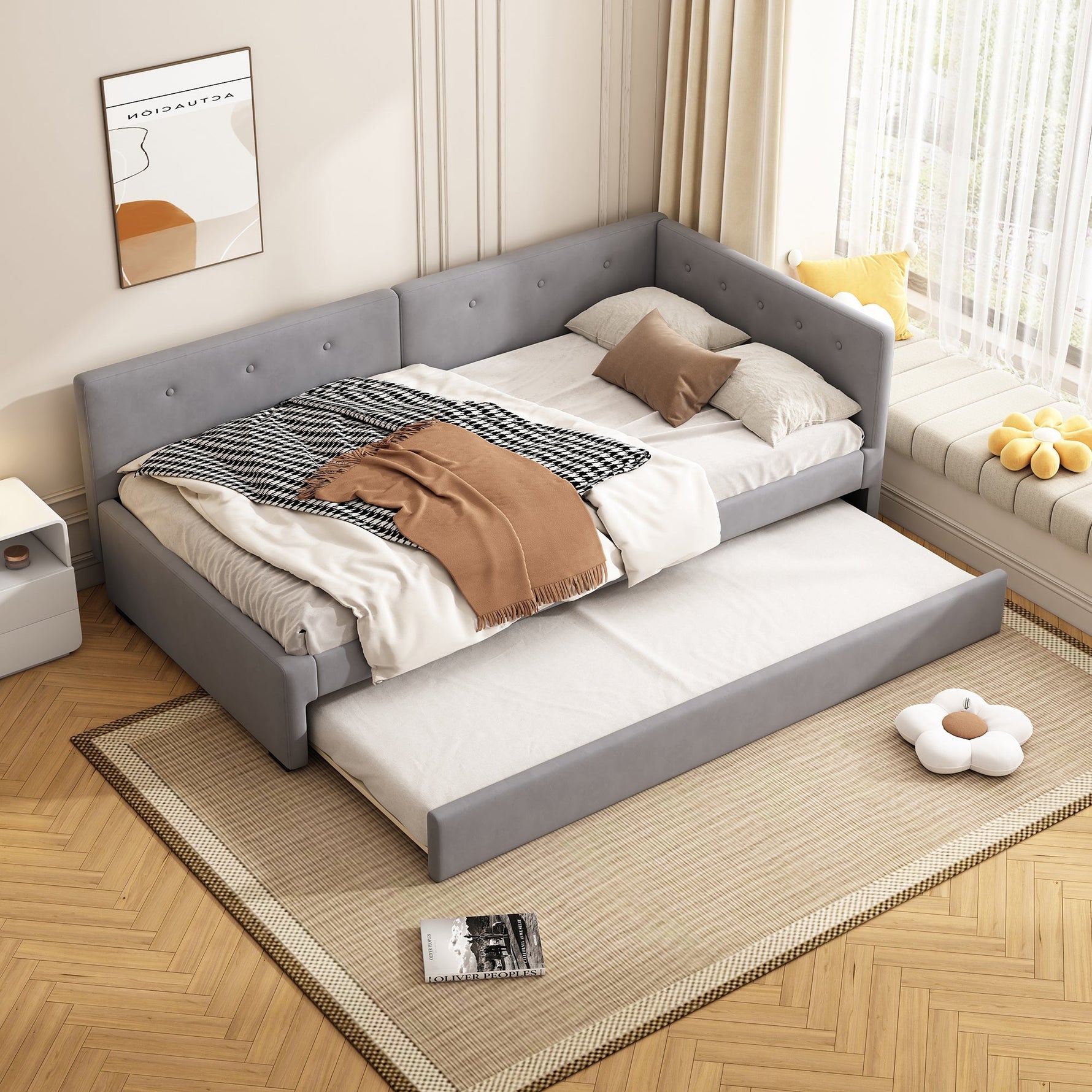 Daybed with Rollaway Bed, 90x200cm Single Sofa Bed and Lattenrost, Grey Velvet