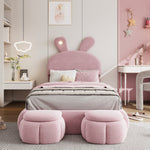 Upholstered Bed Single Bunny Ears LED Storage Stools Velvet Pink 90x200cm