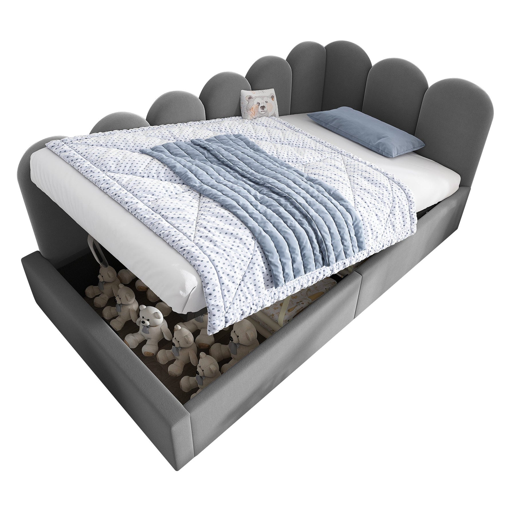 Upholstered Daybed 90x200cm with Hydraulic Storage and Metal Slatted Base, Grey Velvet