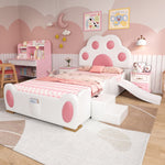 Upholstered Bed, Children's Cat Paw Headboard with Slide & Ladder, PU White + Pink
