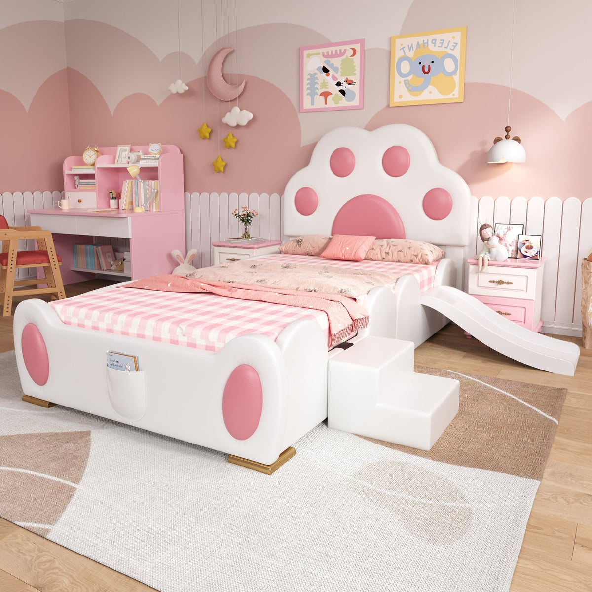 Upholstered Bed, Children's Cat Paw Headboard with Slide & Ladder, PU White + Pink