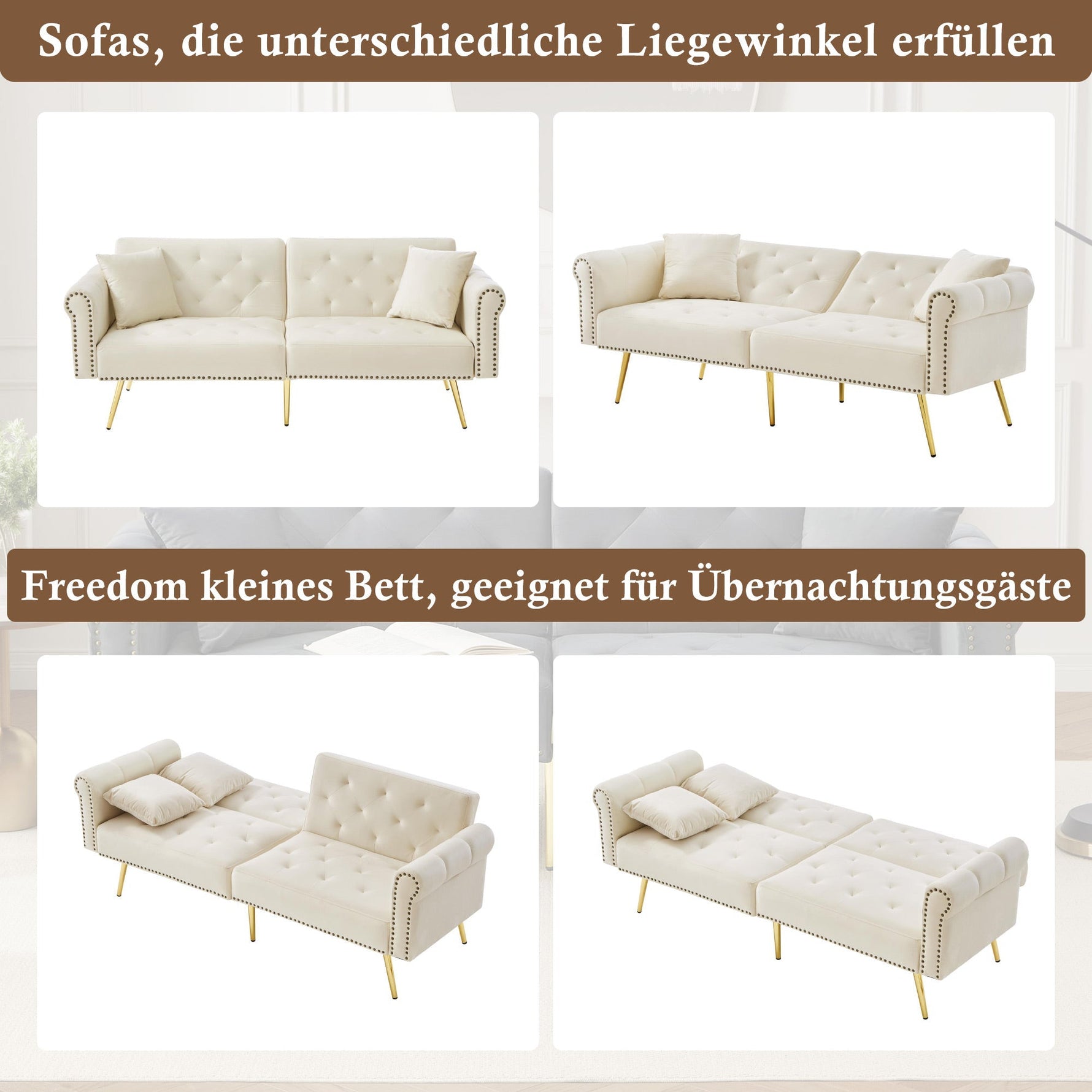 2-Seater Sofa Bed 3-Position Adjustable Back Gold Legs - Velvet