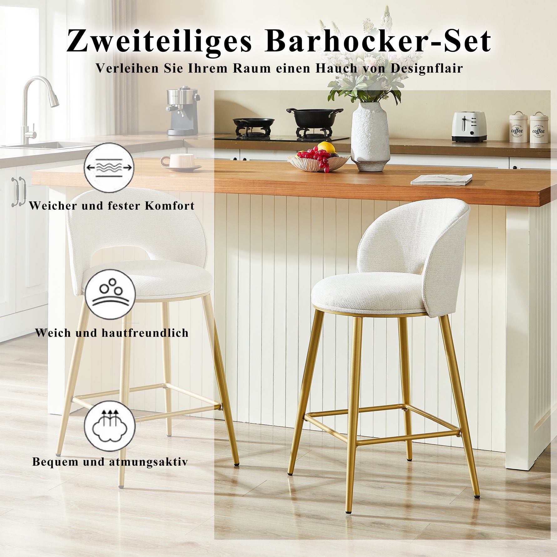 Bar Stool Modern Open Back Padded - Gold Metal Set of 2
