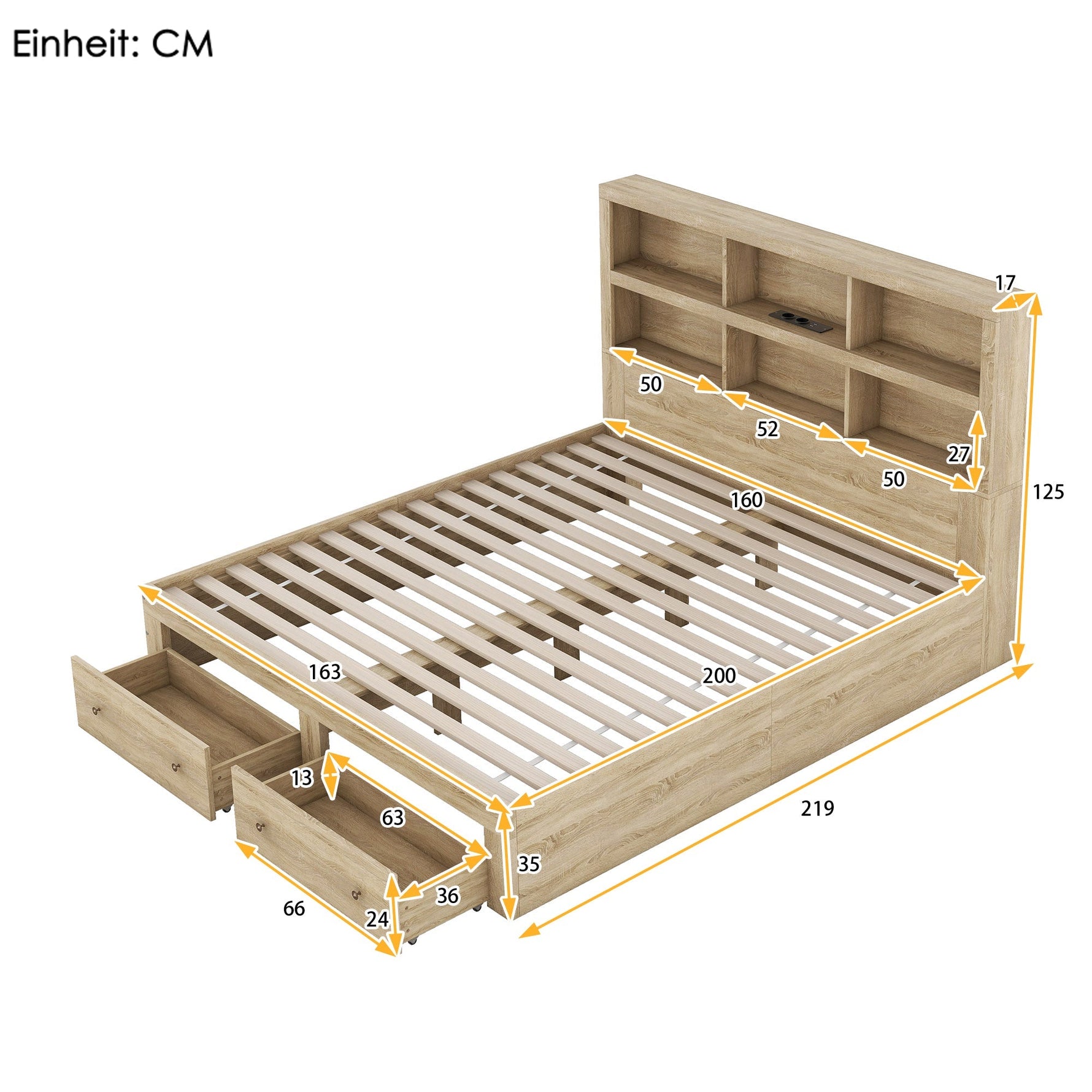 Double Bed 160x200cm King Platform Storage Drawers Headboard Chipboard Natural