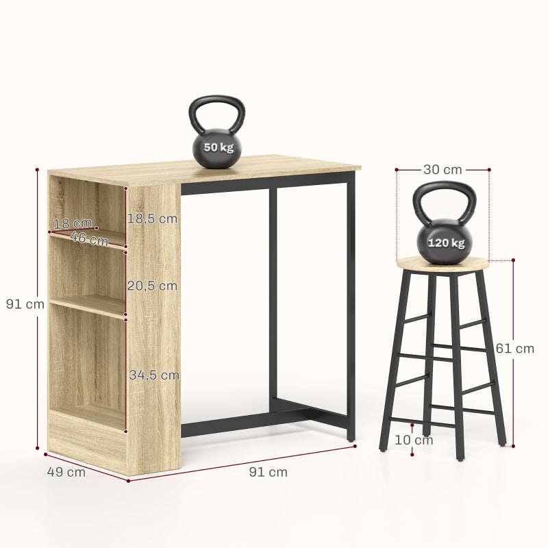 Bar Table with Bar Stool Set, 3-Piece, Storage, 2 Stools, Steel, Oak