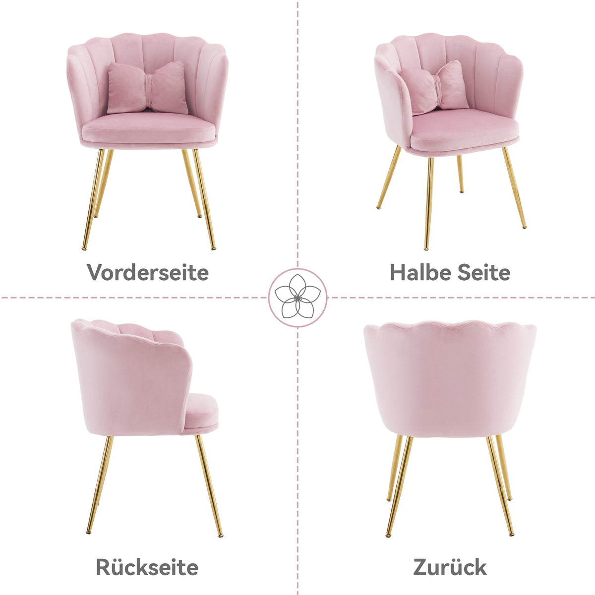 Chairs, Set of 2 Upholstered Petal Back with Gold Legs, Velvet