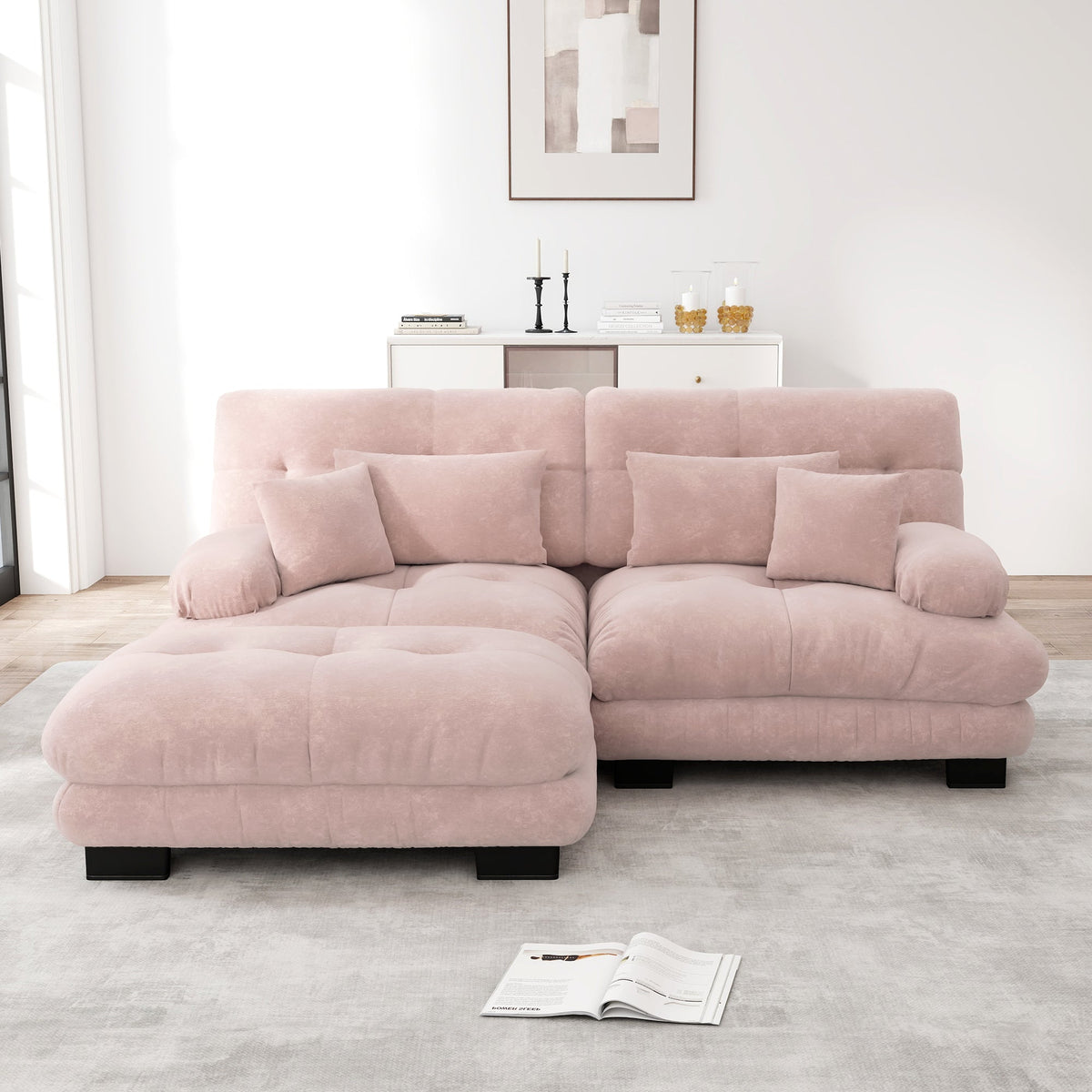 Cloud Corner Sofa, Double Sofa with Lumbar & Decorative Pillows, Ottoman, Chenille Pink