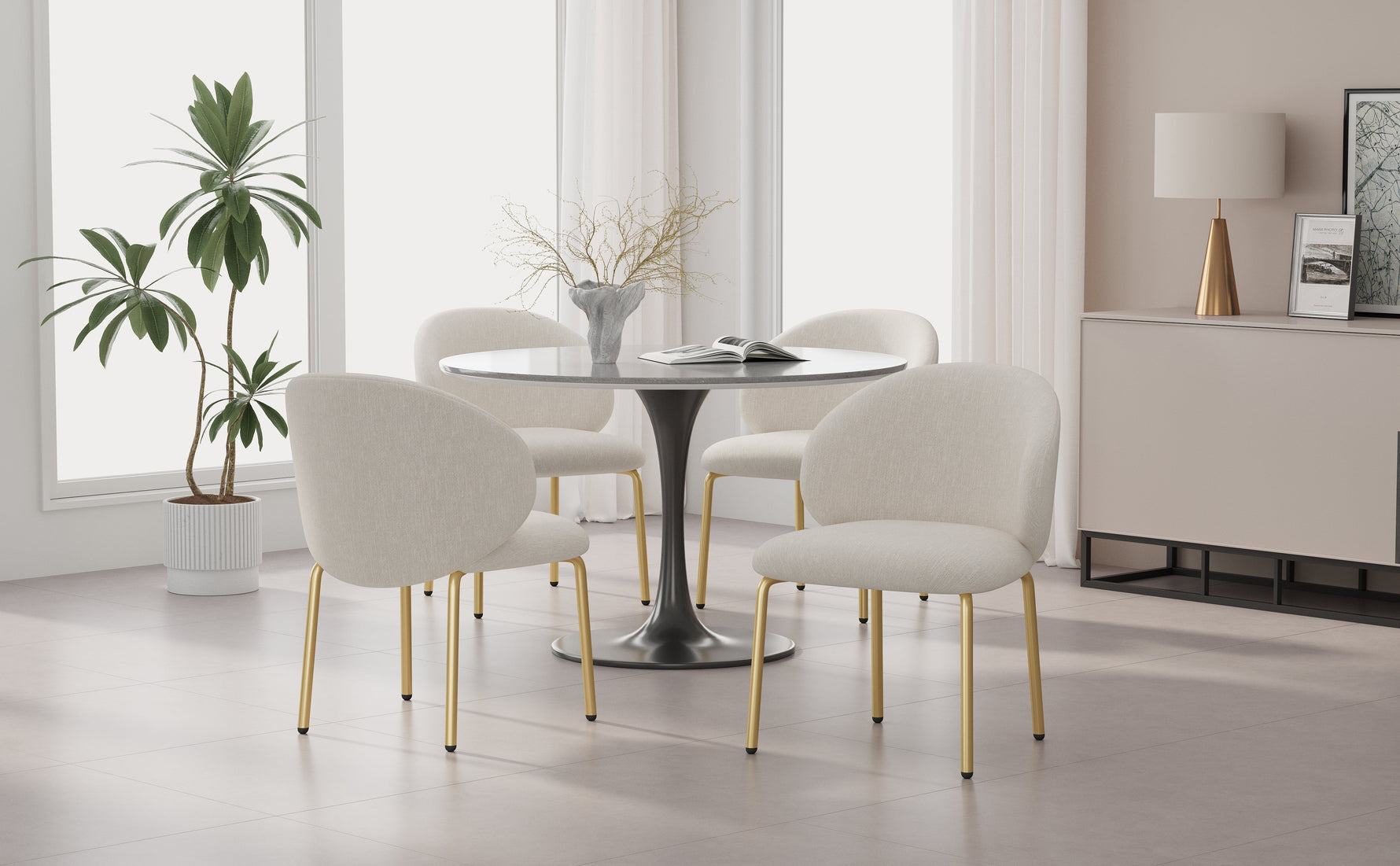 Dining Chairs Set of 4 with Gold Legs, Beige Chenille