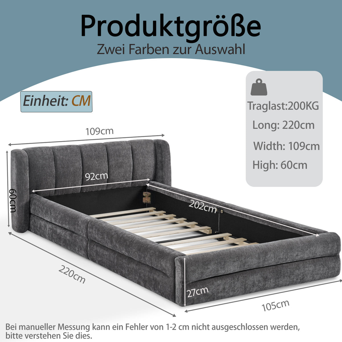 Single Bed 90x200 cm with Backrest, Dark Grey Chenille