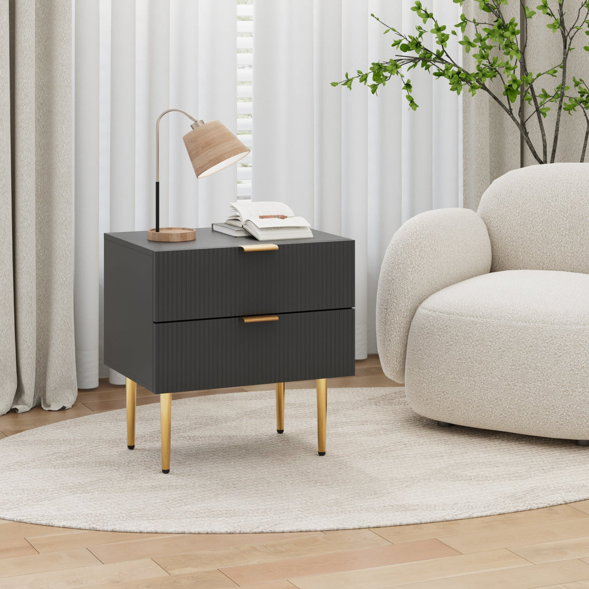 Bedside Table, 2 Drawers, Metal Legs, Black
