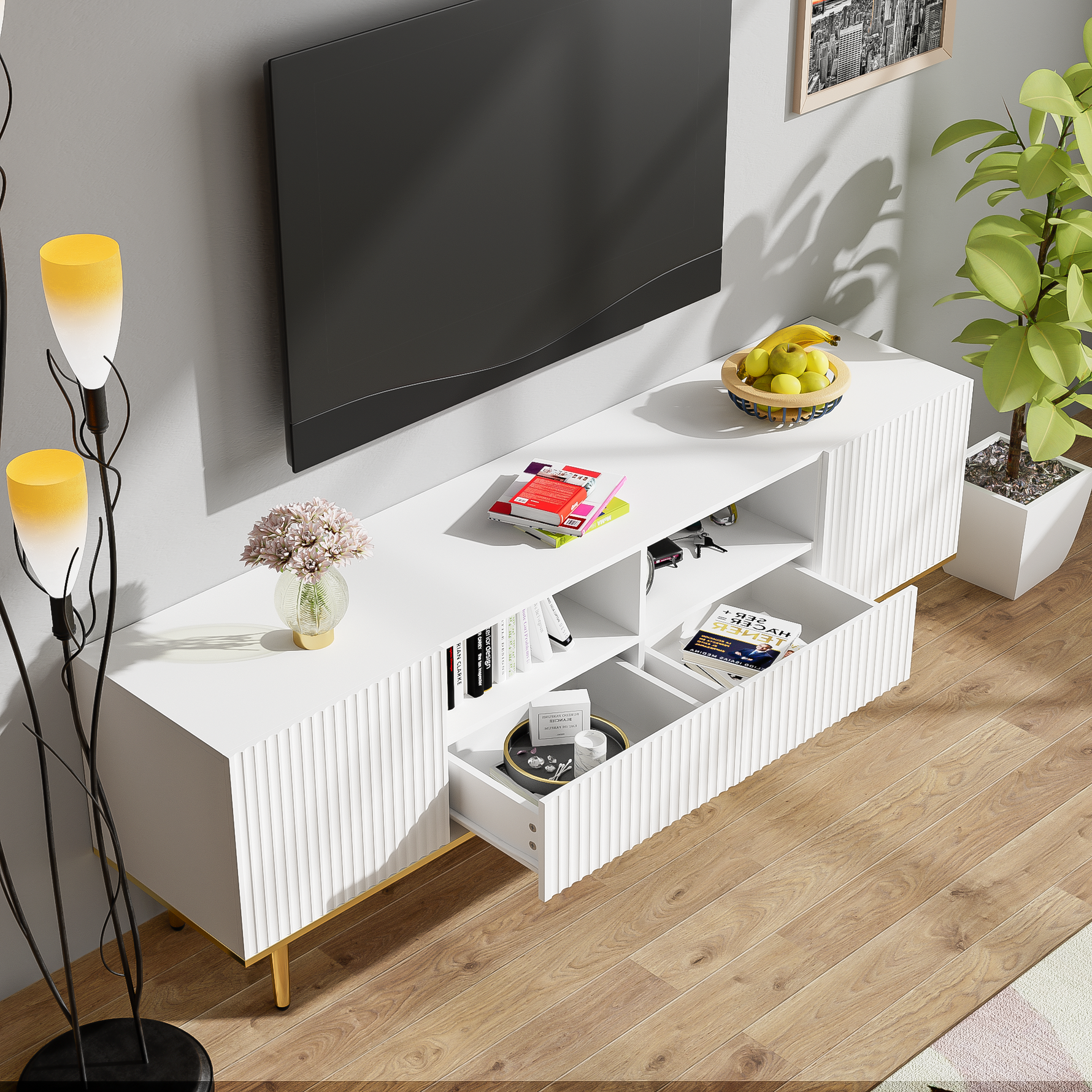 TV Cabinet, Modern with Gold Legs and Trim, Gold