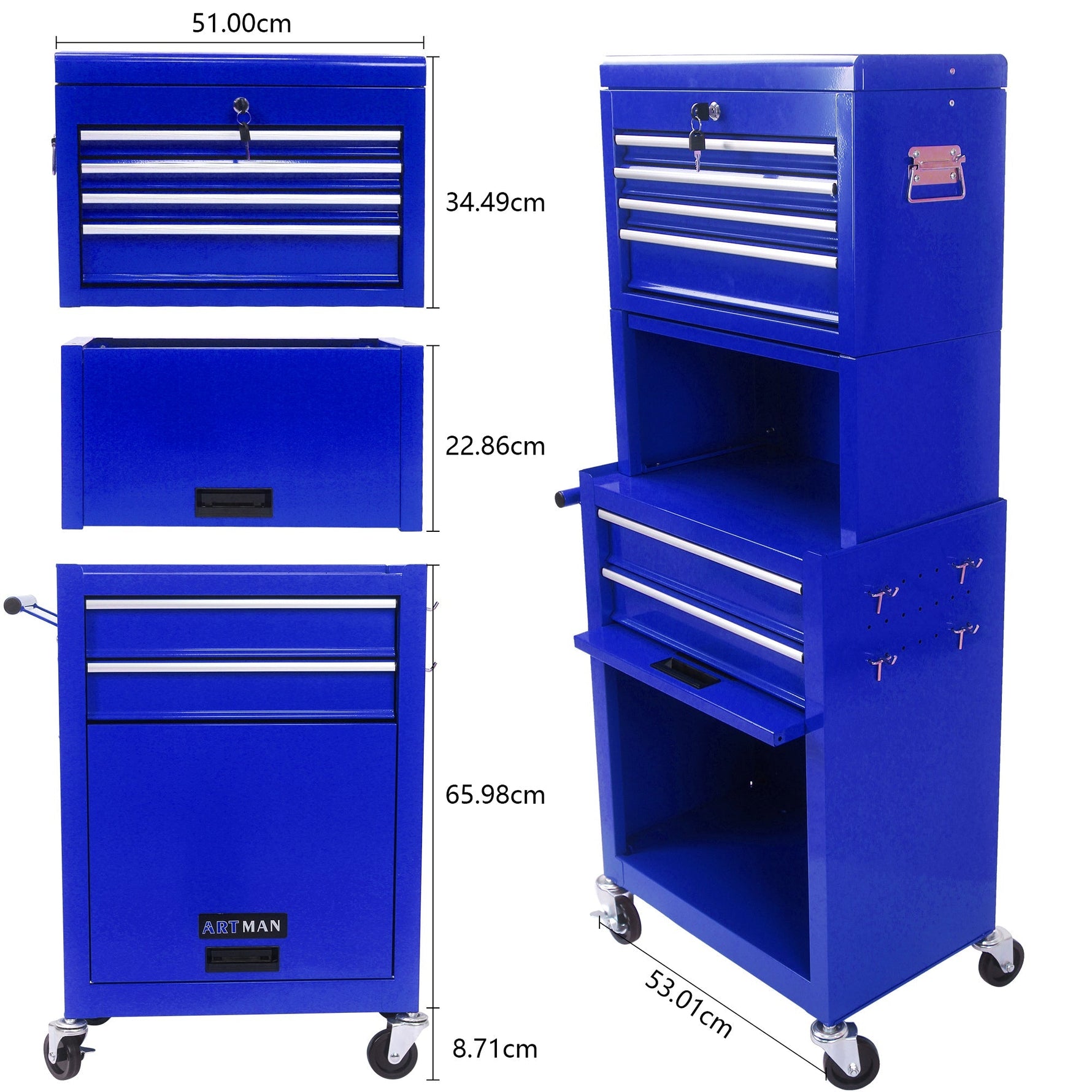 Tool Cabinet 6-Drawer Rolling 2-in-1 Organizer Blue