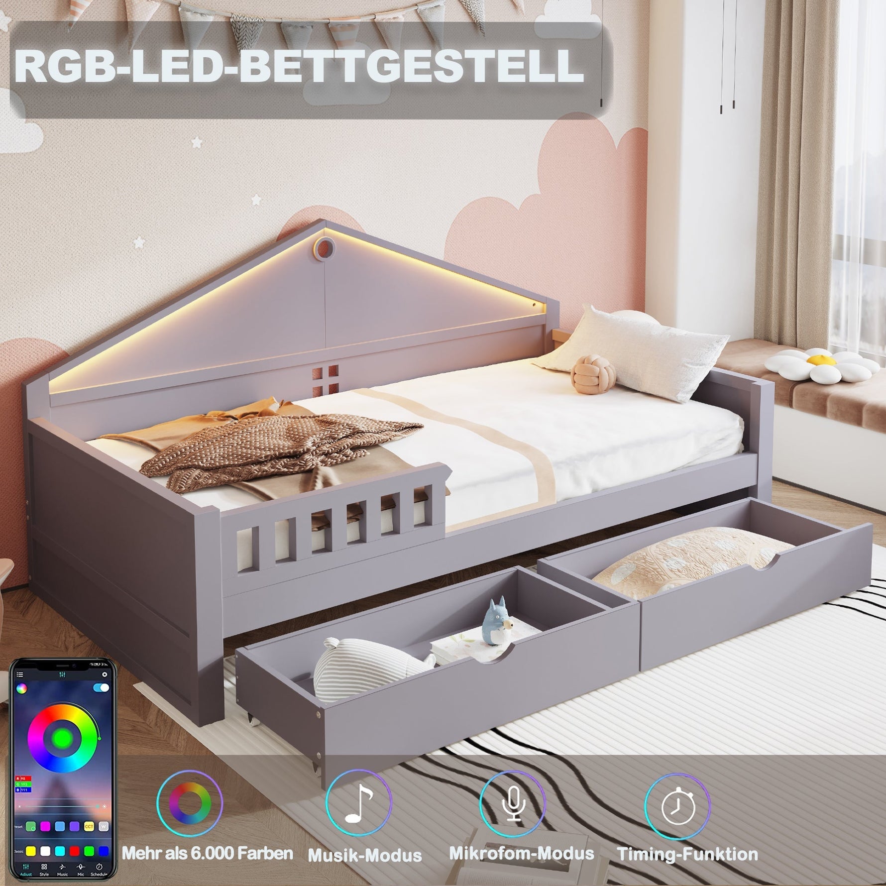 Children's Bed with LED Light Strip and Storage Drawers, 90x200 cm, Grey