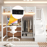 Multifunctional Loft Bed 90x200cm with Desk & Wardrobe, White