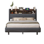Upholstered Bed, 140*200, LED Light, USB/Type-C, Linen Fabric Gray