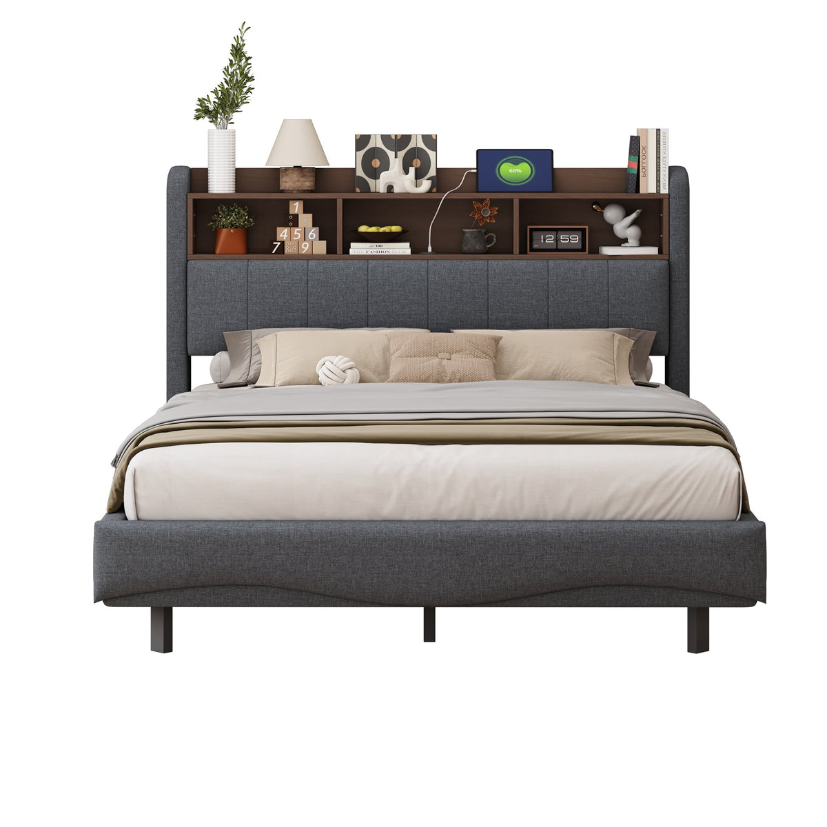 Upholstered Bed, 140*200, LED Light, USB/Type-C, Linen Fabric Gray