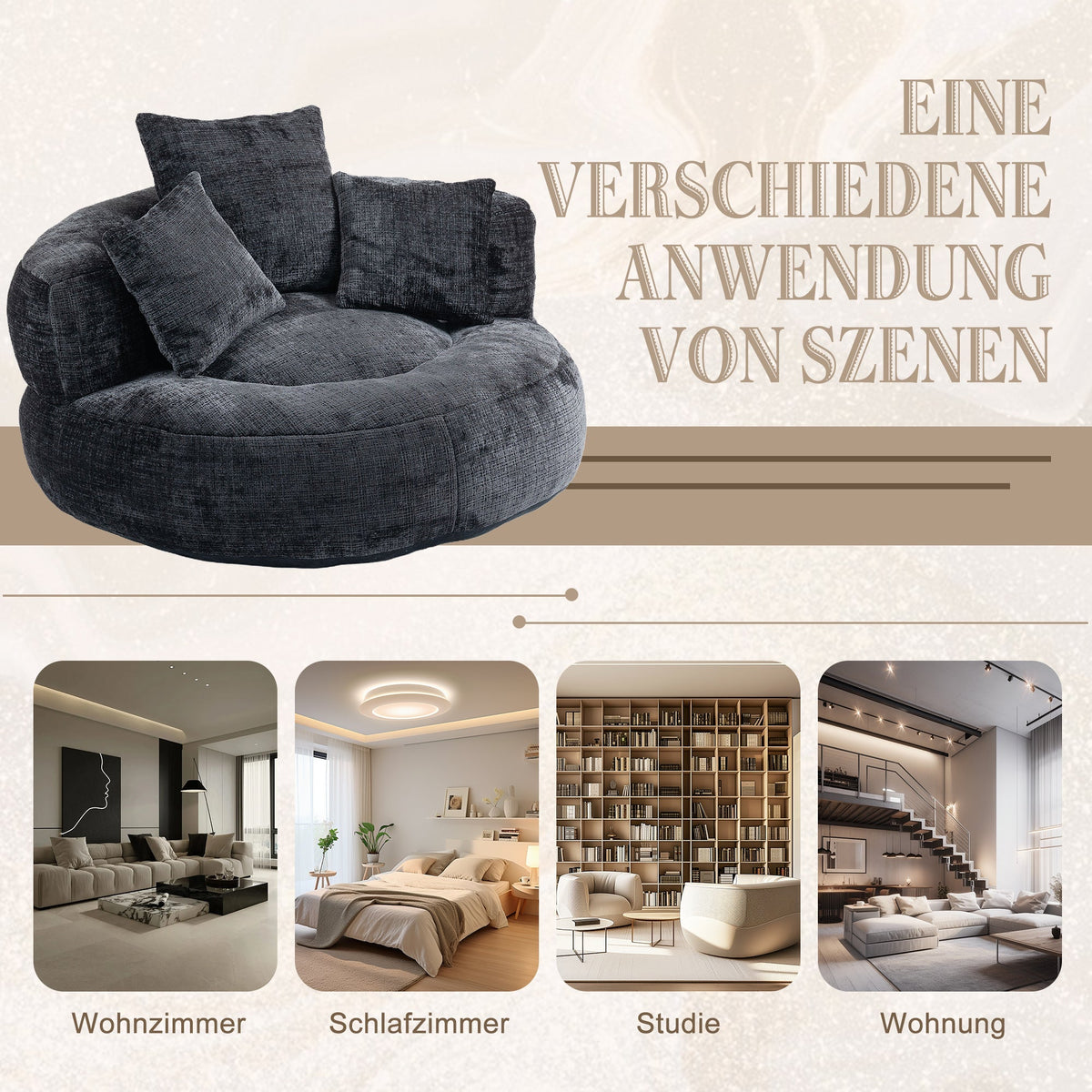Lazy Sofa High Back Beanbag Chair with Three Cushions, Indoor/Outdoor, Black Chenille