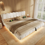Upholstered Double Bed 180x200cm Storage LED, Beige Chenille
