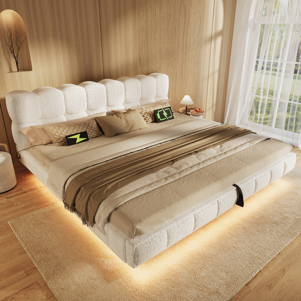 Upholstered Double Bed 180x200cm Storage LED, Beige Chenille