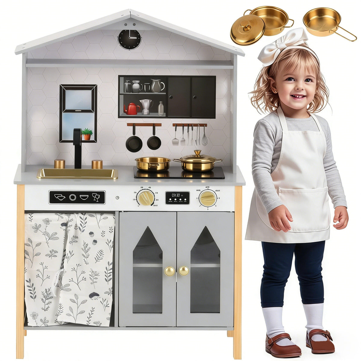 Children's Play Kitchen with Creative House Design and Accessories, Wood and Plastic, Grey