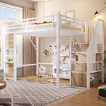 Loft Bed 140x200 cm with Storage Ladder, White Iron Frame