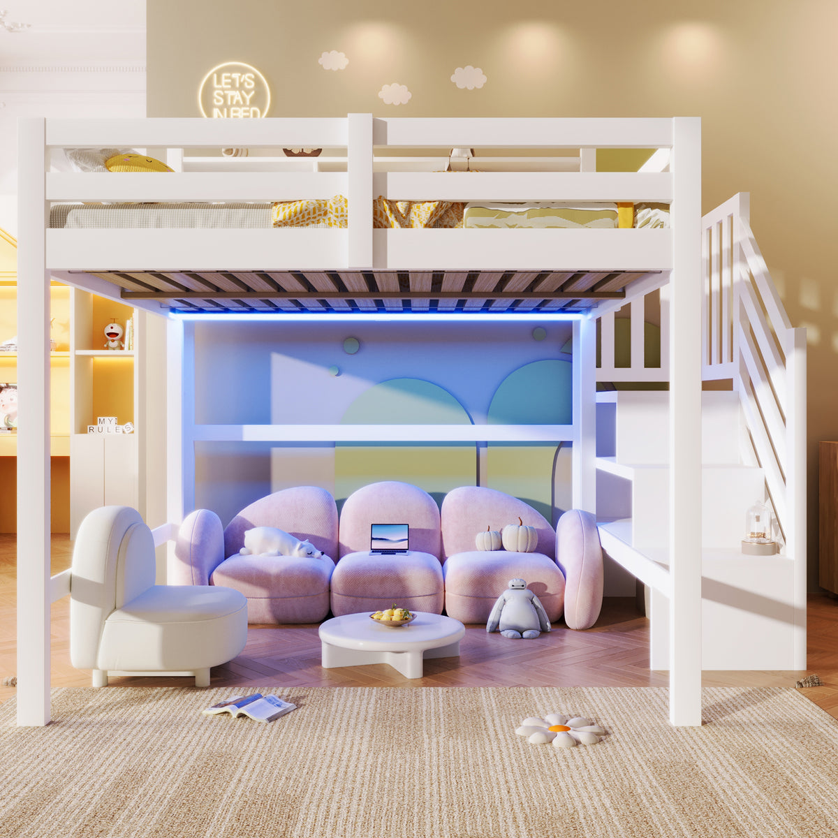 Loft Bed 140x200cm with LED Lights & Storage Ladder, White