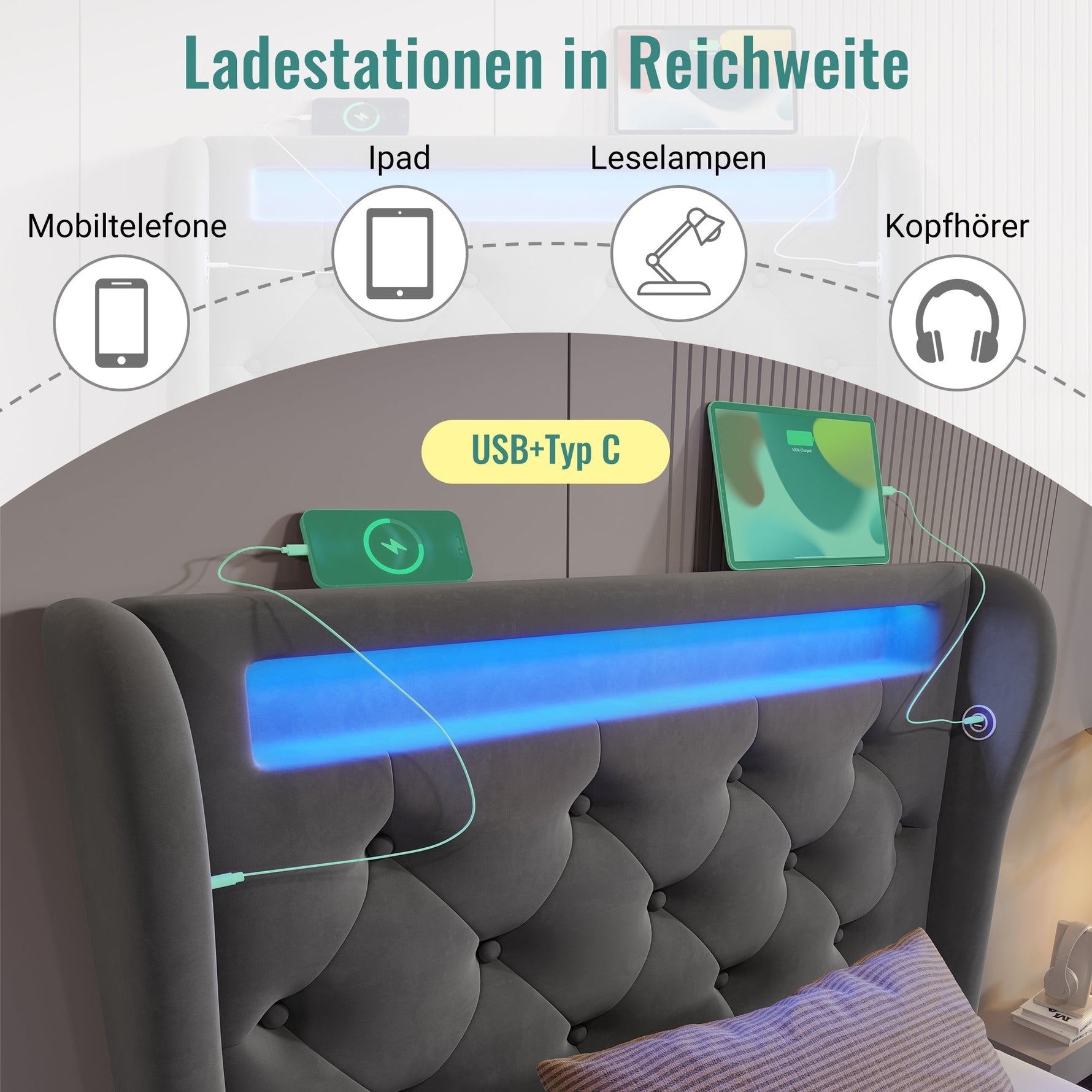 Upholstered Single Bed 90x200cm LED Headboard Hydraulic Storage, Grey Velvet