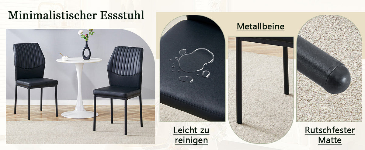 Set of 4 Dining Chairs with Vertical Embossing and Metal Legs, Black PU