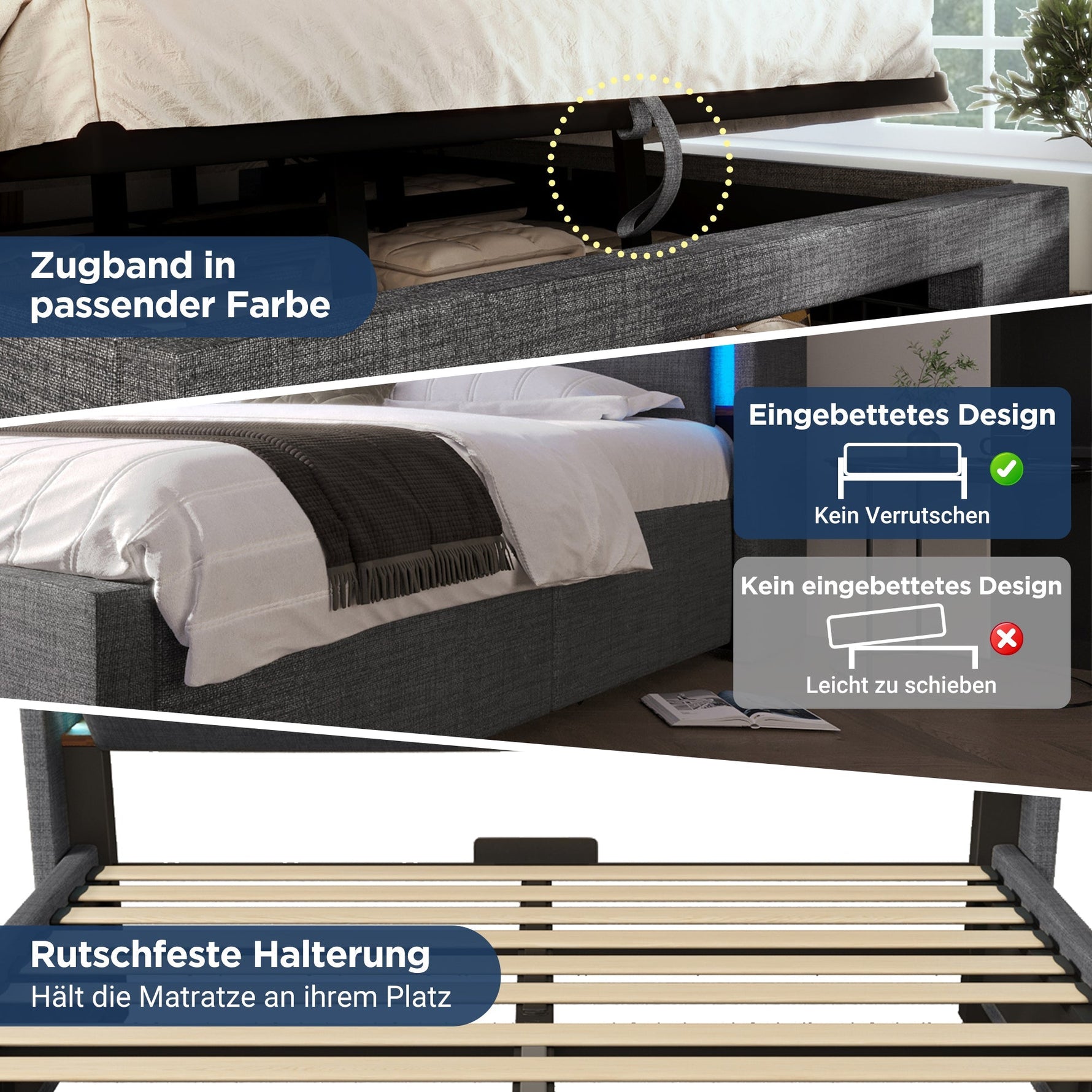 Upholstered Bed 180x200cm Hydraulic Storage LED USB/USB-C Headboard - Grey Linen